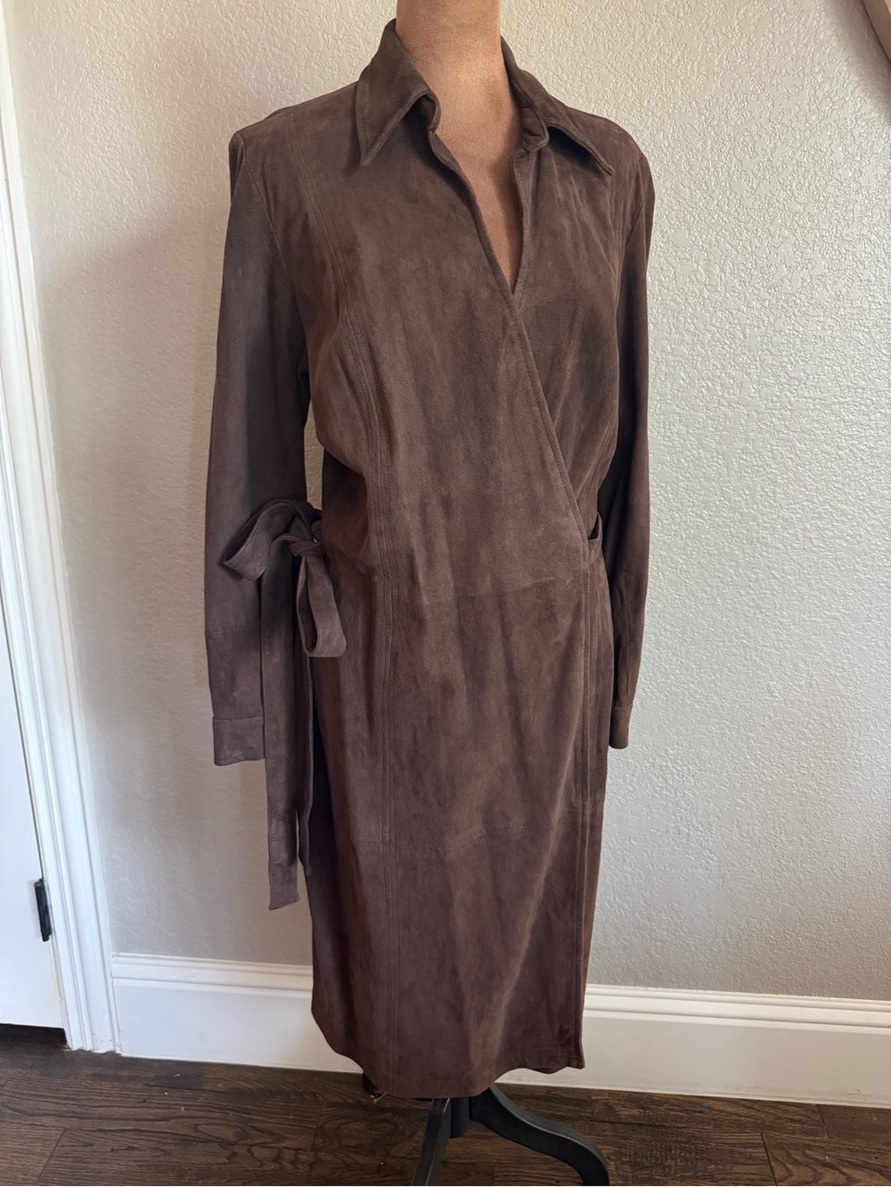 Vintage 80s 90s Brown Genuine Leather Wrap Dress Midi Long Sleeve Sz 10
